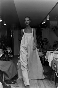 Model Iman walks the runway during the Laura Ashley spring 1979 fashion show on Feb. 13, 1979, in New York City